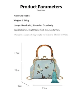 Detailed size chart for retro cheongsam bag with bamboo handle and floral embroidery