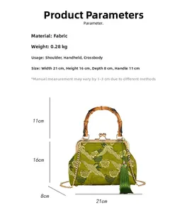 Detailed view of green Chinese qipao bag with crane embroidery and bamboo handle