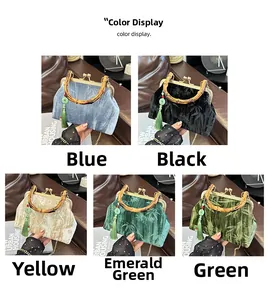Selection of retro velvet handbags with bamboo handles and elegant leaf prints in five colors