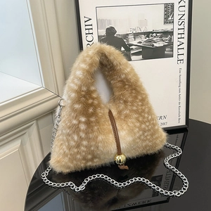 Women Faux Fur Plush Handbag Chain Strap Crossbody Bag Deer Spot Pattern Gold Ball Pendant Winter Fashion