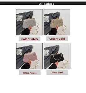 Four colors of sequined evening clutch bags with round metal handles and gem-like clasps
