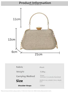 Detailed size chart for the plush evening bag with dimensions 21cm x 12cm x 6cm