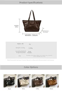 Detailed size chart and specifications for the large capacity PU leather tote bag