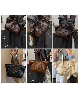 Retro large-capacity tote bags shown in dark brown, black, and caramel on models