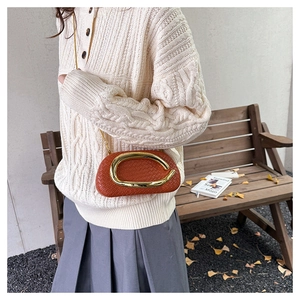 Detail of red-brown woven crossbody bag featuring a large decorative gold horseshoe buckle