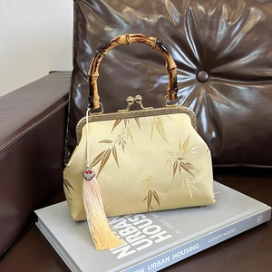 Vintage Chinese Style Satin Handbag With Bamboo Handle Embroidery Tassel Cheongsam Crossbody Bag Women Retro Evening Bag