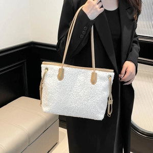 Chic contrast plush tote bag with white faux fur and khaki shoulder straps for winter