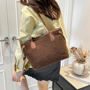 Retro coffee plush tote bag with brown leather straps and drawstring for autumn winter
