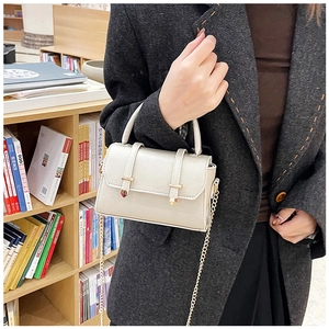 Detail of cream rectangular handbag with gold metal hardware and chain strap