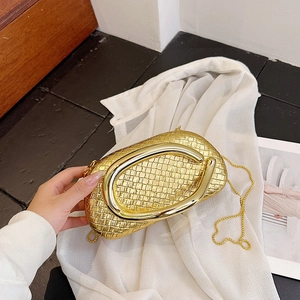 Woven Texture Evening Bag With Metallic Handle Detachable Chain Strap PU Leather Clutch Crossbody For Women Wedding Party