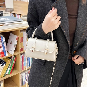 Minimalist cream white leather square handbag with golden chain strap for women