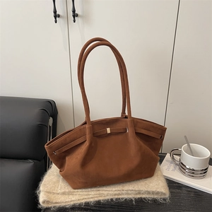 Women Retro Faux Suede Tote Bag Large Capacity Minimalist Shoulder Bag With Metallic Buckle Vintage Commuter Armpit Bag