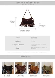 Detailed dimensions of faux suede dumpling bag with fringe and multiple color options
