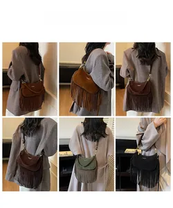 Bohemian suede fringe shoulder bags in five vintage colors with metal chain straps