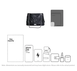 Quilted tote bag capacity guide showing storage for phone, cosmetics, and power bank