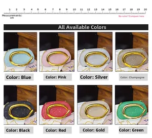 Macro view of eight colorful sequin evening bags featuring elegant gold C-shaped handles