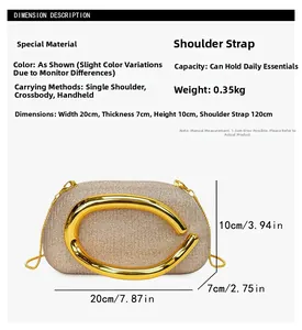 Detailed size chart of the evening clutch bag showing 20x7x10cm dimensions and strap length