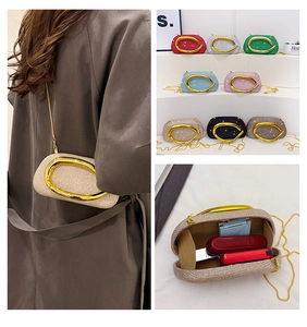 Detailed views of sequined clutch bags with metal handles and internal storage space