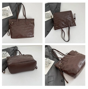 Detailed views of dark brown tote bag with embossed bow patterns and golden buckles