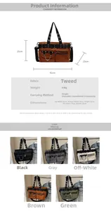 Detailed size specifications and five color variants of the corduroy tote bag with studs
