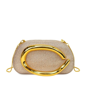 Elegant champagne gold glitter evening clutch bag with round metal handle and chain strap