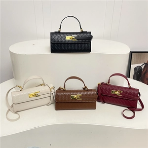 Woven texture Kelly bag set in black, white, brown and burgundy with gold hardware