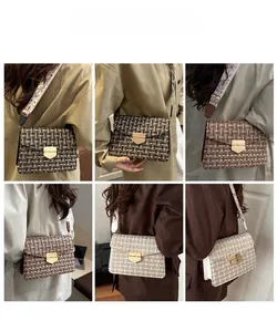 Detailed views of the retro woven crossbody bag showing textured fabric and wide strap
