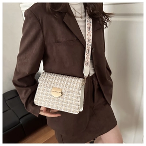 Detailed shot of tweed crossbody bag with gold buckle and ethnic embroidered wide strap