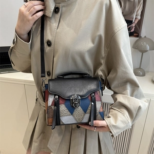 Vintage color-block crossbody bag with quilted lychee pattern and metal lock closure