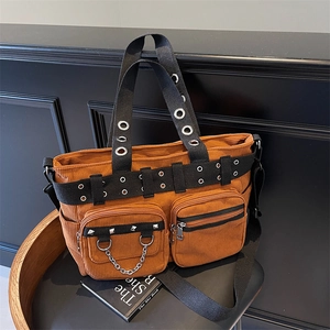 Corduroy Tote Bag Large Capacity Crossbody With Metal Chain Rivets Multi Pocket Punk Workwear Shoulder Handbag For Women