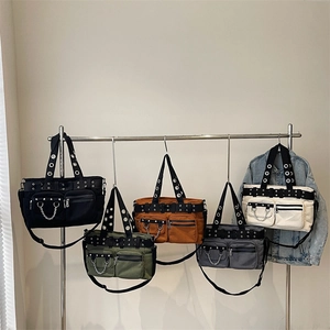 Corduroy punk style tote bag with metal rivets and multi-pocket design in five colors