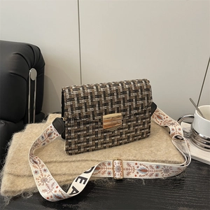 Retro Tweed Crossbody Bag For Women With Wide Embroidered Strap Golden Metal Buckle Small Square Shoulder Bag