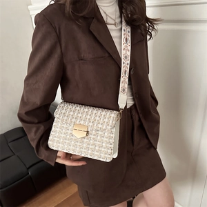 Retro tweed crossbody bag with ethnic style embroidery wide strap and gold hardware clasp