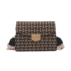 Retro plaid tweed crossbody bag with golden buckle and embroidered wide shoulder strap