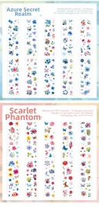 Makroansicht blauer und rosa PET-Blumen-Schmetterlingsaufkleber mit wasserfester Textur
