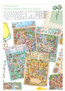 Close-up of 3D summer themed stickers featuring cartoon capybaras on beach and water park scenes