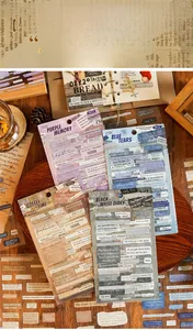 Close-up of vintage themed PET scrapbooking stickers with retro English typography