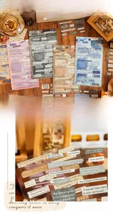 Detail of vintage English script stickers on transparent material for scrapbooking decor
