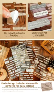Macro detail of waterproof vintage PET stickers with die-cut English phrases for journaling