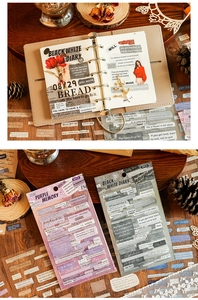 Macro view of vintage ZABC scrapbooking stickers with retro English quotes and floral patterns