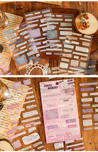 Close-up of Purple Memory vintage waterproof PET stickers for journaling with English quotes