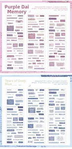Detail of waterproof PET vintage stickers in purple and blue theme for journaling