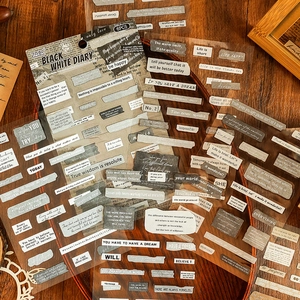 6 sheets of retro black and white PET stickers with English quotes for scrapbooking