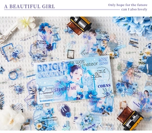 Macro detail of Mori style girl theme stickers with blue floral DIY journal materials