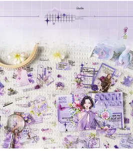 Close-up of 20pcs purple PET stickers with girl illustrations and floral motifs