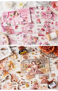 Detailed view of Sweet Girl and Flower Note scrapbooking stickers on lace background