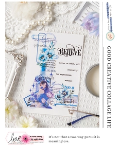Close-up of blue floral and vintage girl PET stickers in a creative journal collage