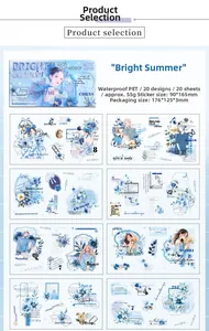 Detailed view of Moriar girl stickers set featuring blue summer theme and floral PET material