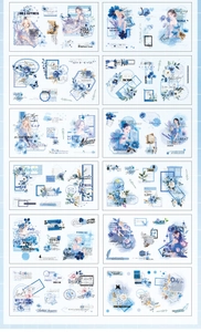 Detailed grid view of 12 sets of blue watercolor PET stickers with floral and figure motifs