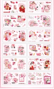Detailed grid view of 12 romantic anime girl PET stickers with floral and butterfly motifs